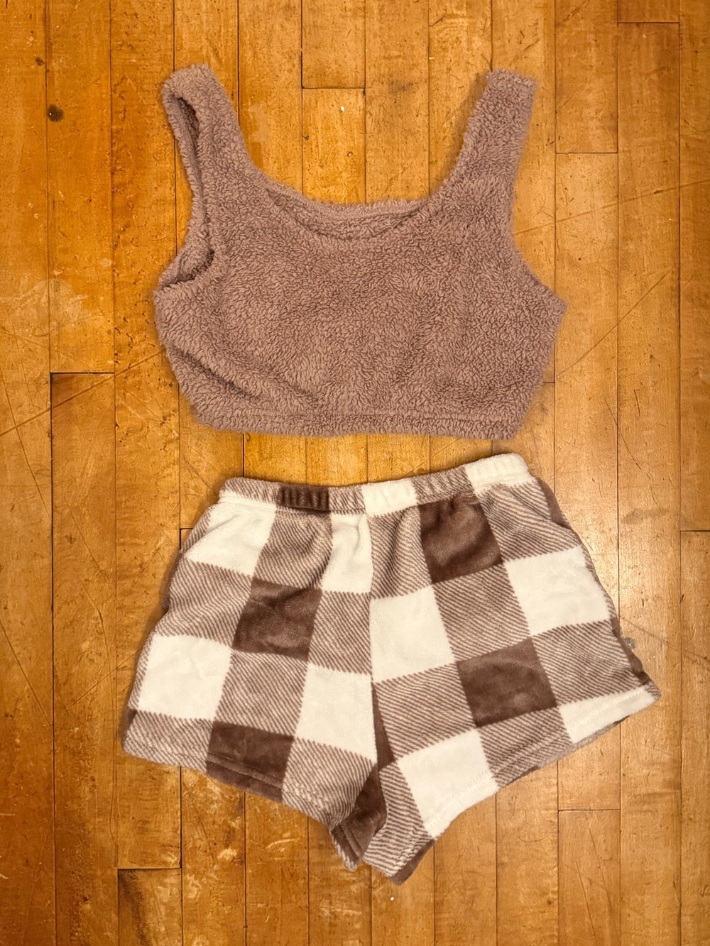Cozy Plush Tank & Buffalo Check Short Set in Taupe